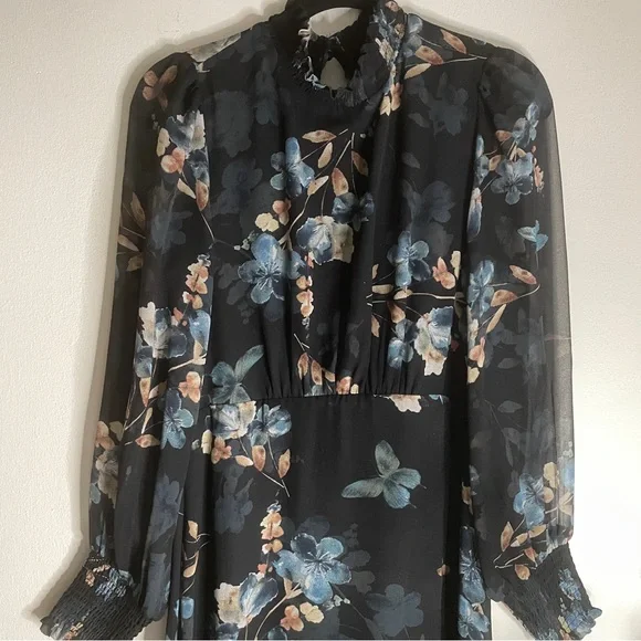 Baltic Born Luciana Floral High Neck Long Sleeve Maxi Dress Black Blue Sz Large - Picture 13 of 15